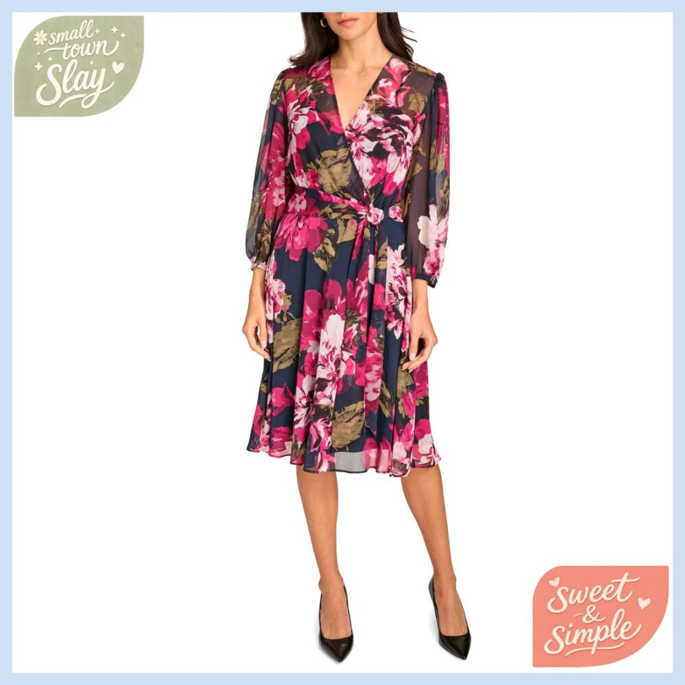 Knee Length Faux Wrap Dress with 3/4 Balloon Sleeves, V-Neck